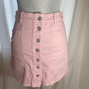 Button front pink denim mini skirt